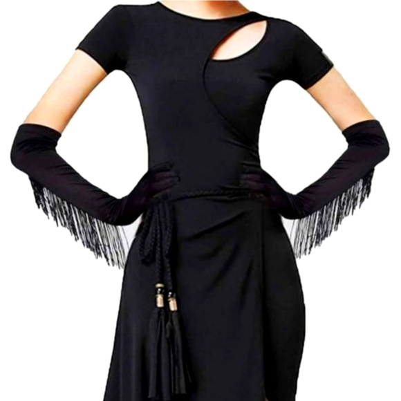 Tassel Fringed Full Finger Black Satin Gloves NEW - Picture 2 of 4